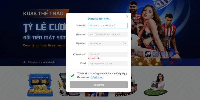 Form để điền thông tin khi tạo tài khoản tại Kubet